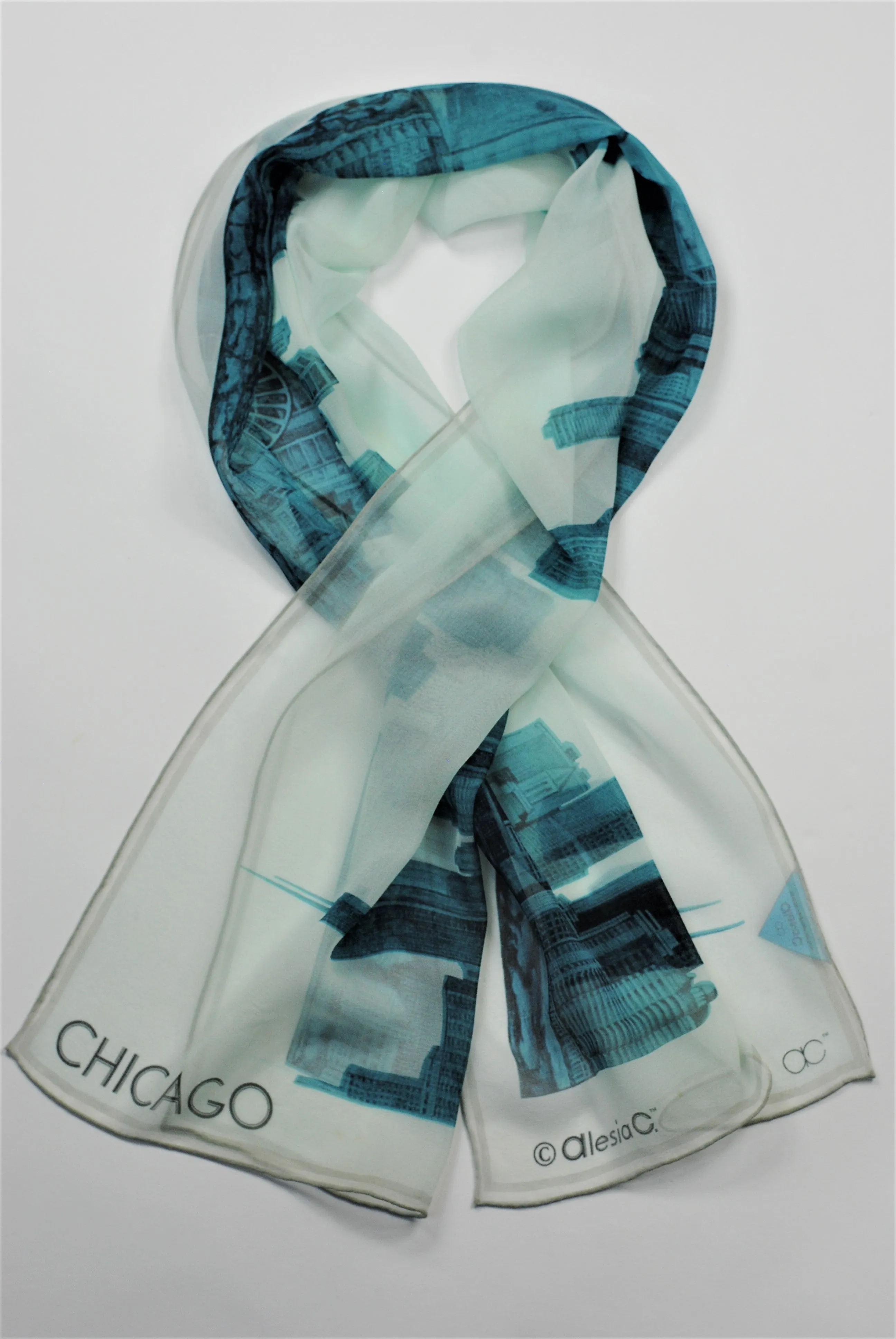 CHICAGO Skyline Designer 100% Silk Georgette Long Rectangle Scarf in Blue White