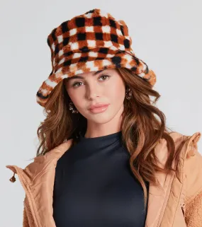 Chilly Days Gingham Faux Fur Bucket Hat