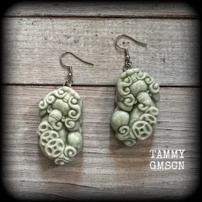 Chinese foo dog earrings-Lantian jade Pi Xiu earrings