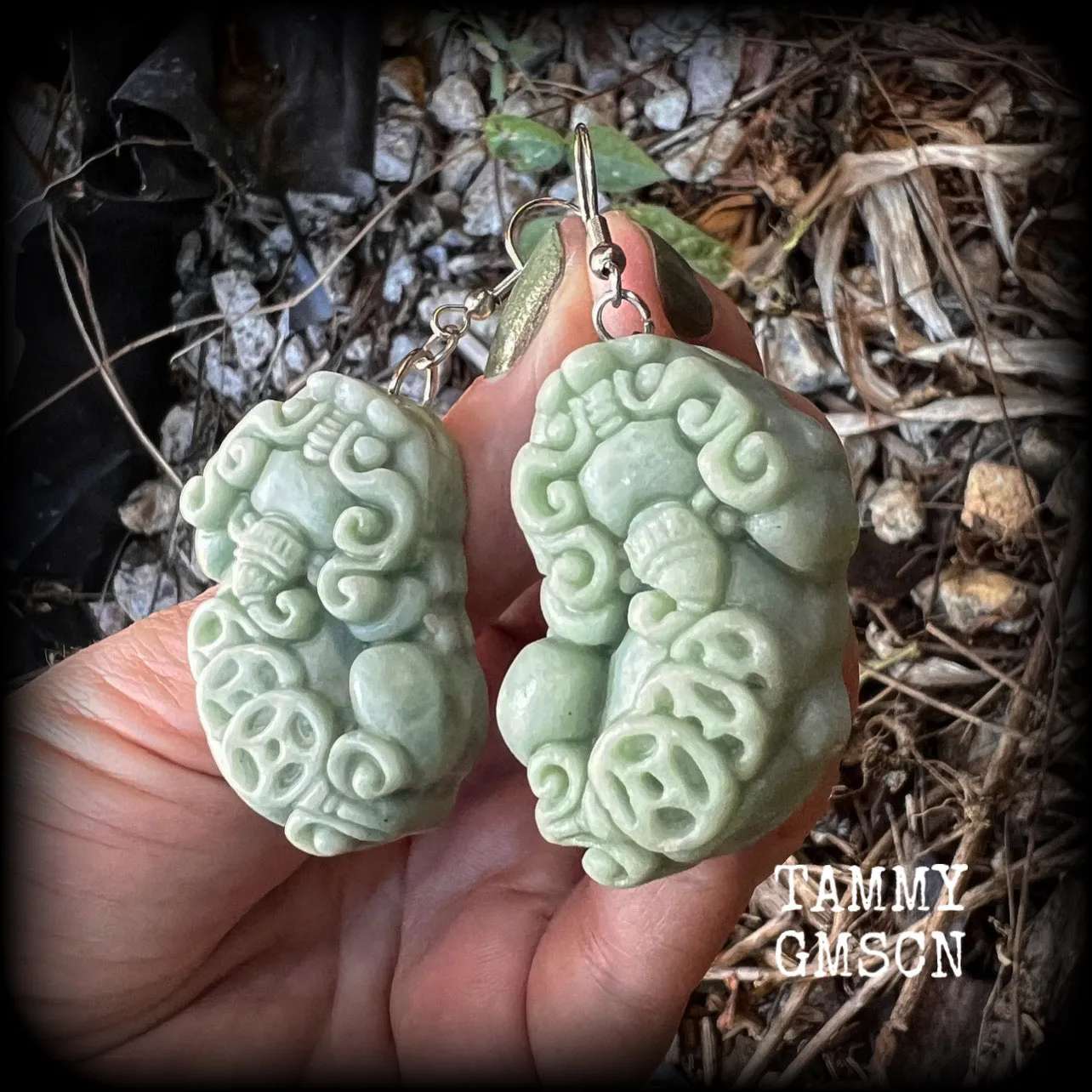 Chinese foo dog earrings-Lantian jade Pi Xiu earrings