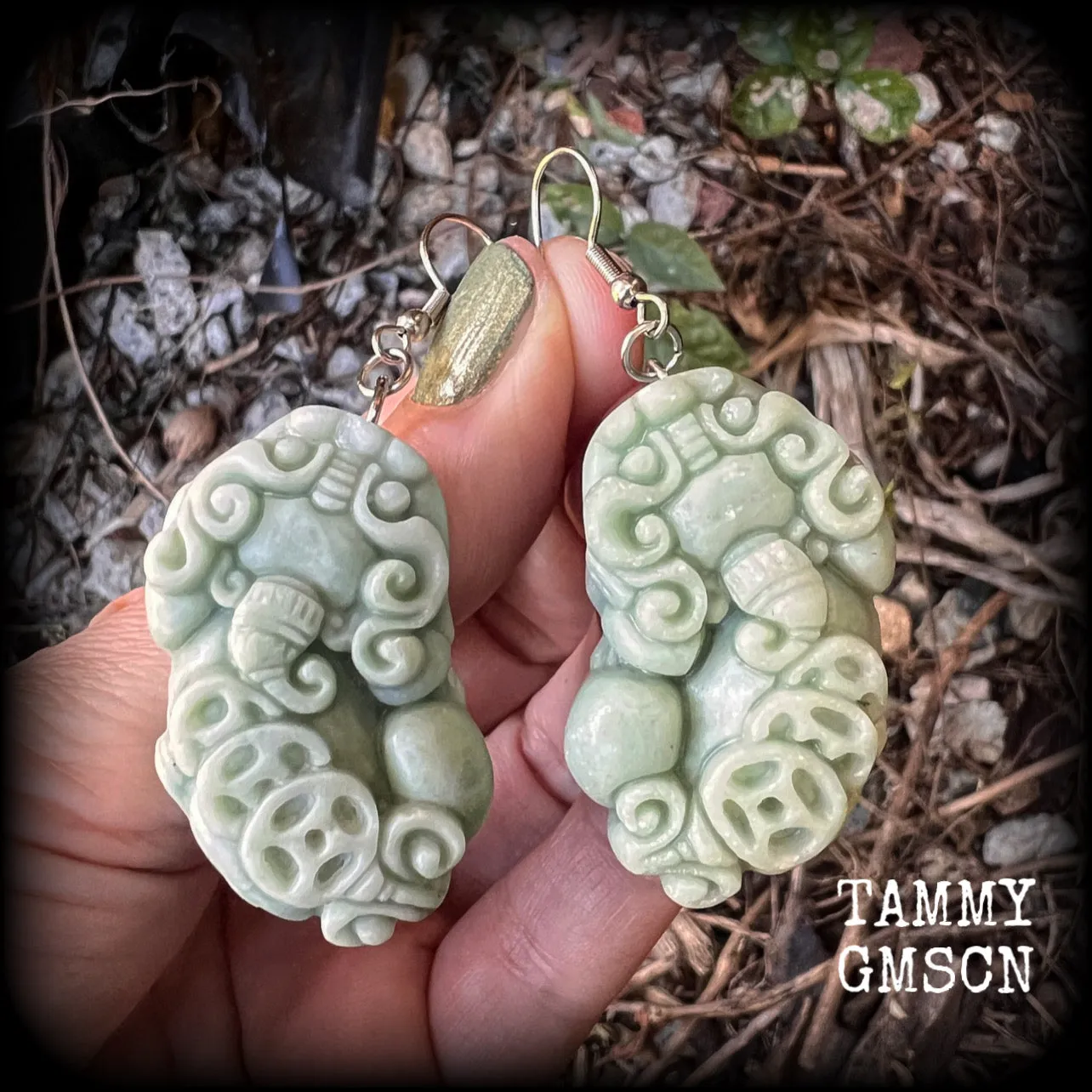 Chinese foo dog earrings-Lantian jade Pi Xiu earrings