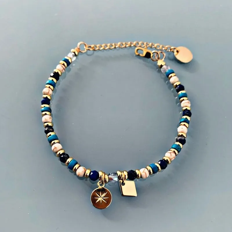 Clover Lapis Lazuli and Wind Rose Bracelet | Woman Curb Bracelet Magic Natural Stones and 24K Gold Plated Heishi Beads | Golden Bracelet