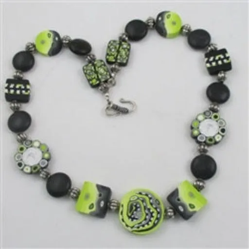 Cool Bead  Necklace in Lime and Black Polymer Clay Beads