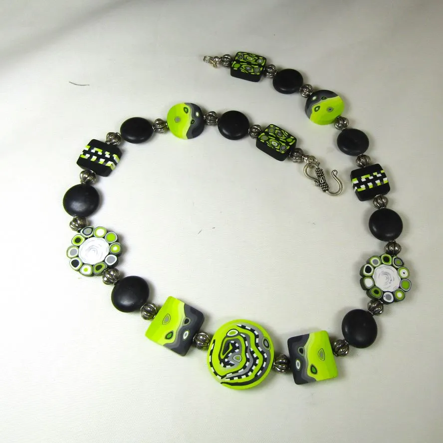 Cool Bead  Necklace in Lime and Black Polymer Clay Beads