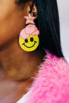 Cowboy Smiley Face Beaded Pink Earrings