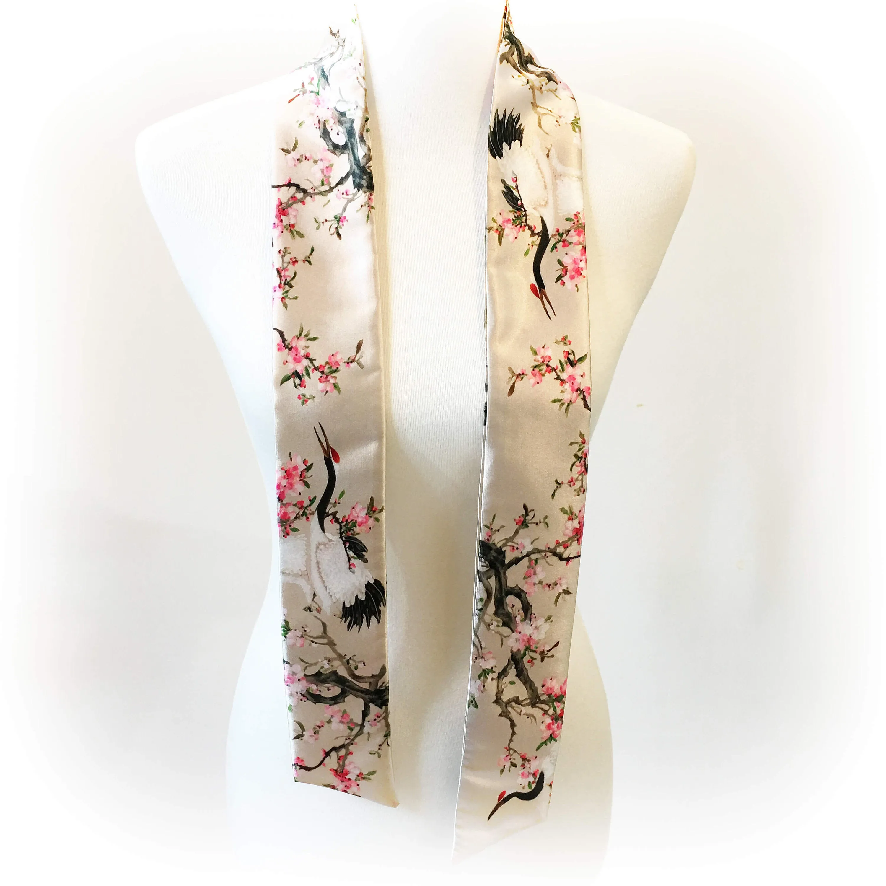 Cranes Skinny Scarf,Woman Scarf,All season scarf,Lightweight Scarf,ladies scarf,artist scarf,painted scarf,satin tie scarf