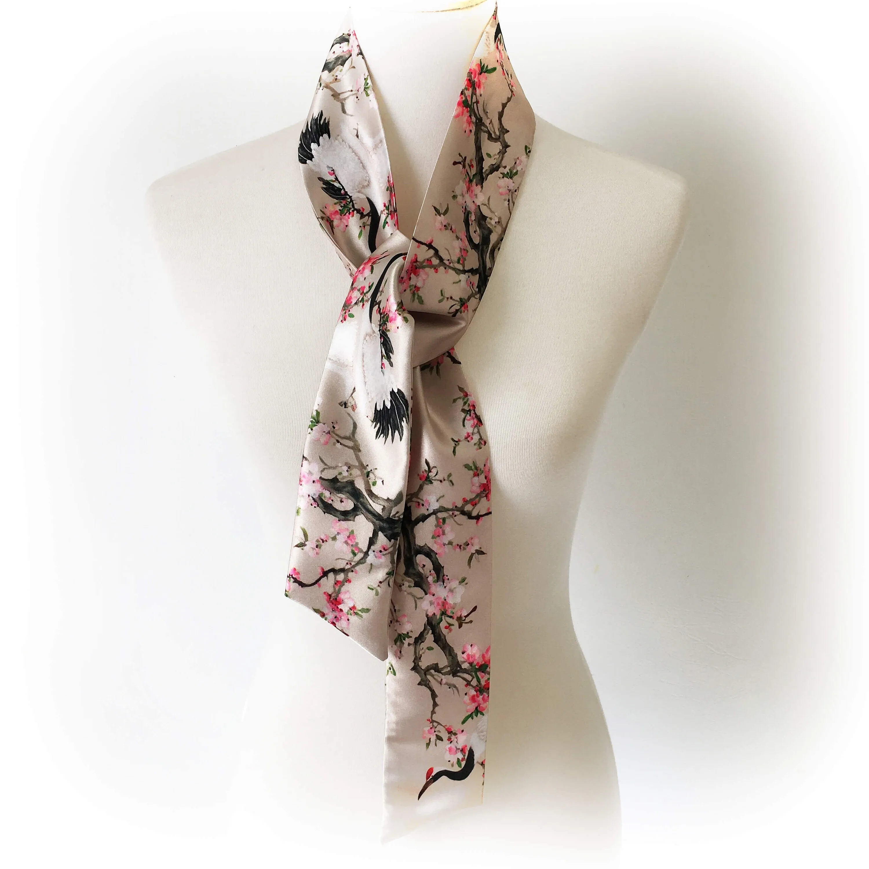 Cranes Skinny Scarf,Woman Scarf,All season scarf,Lightweight Scarf,ladies scarf,artist scarf,painted scarf,satin tie scarf