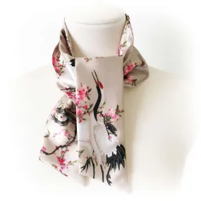 Cranes Skinny Scarf,Woman Scarf,All season scarf,Lightweight Scarf,ladies scarf,artist scarf,painted scarf,satin tie scarf