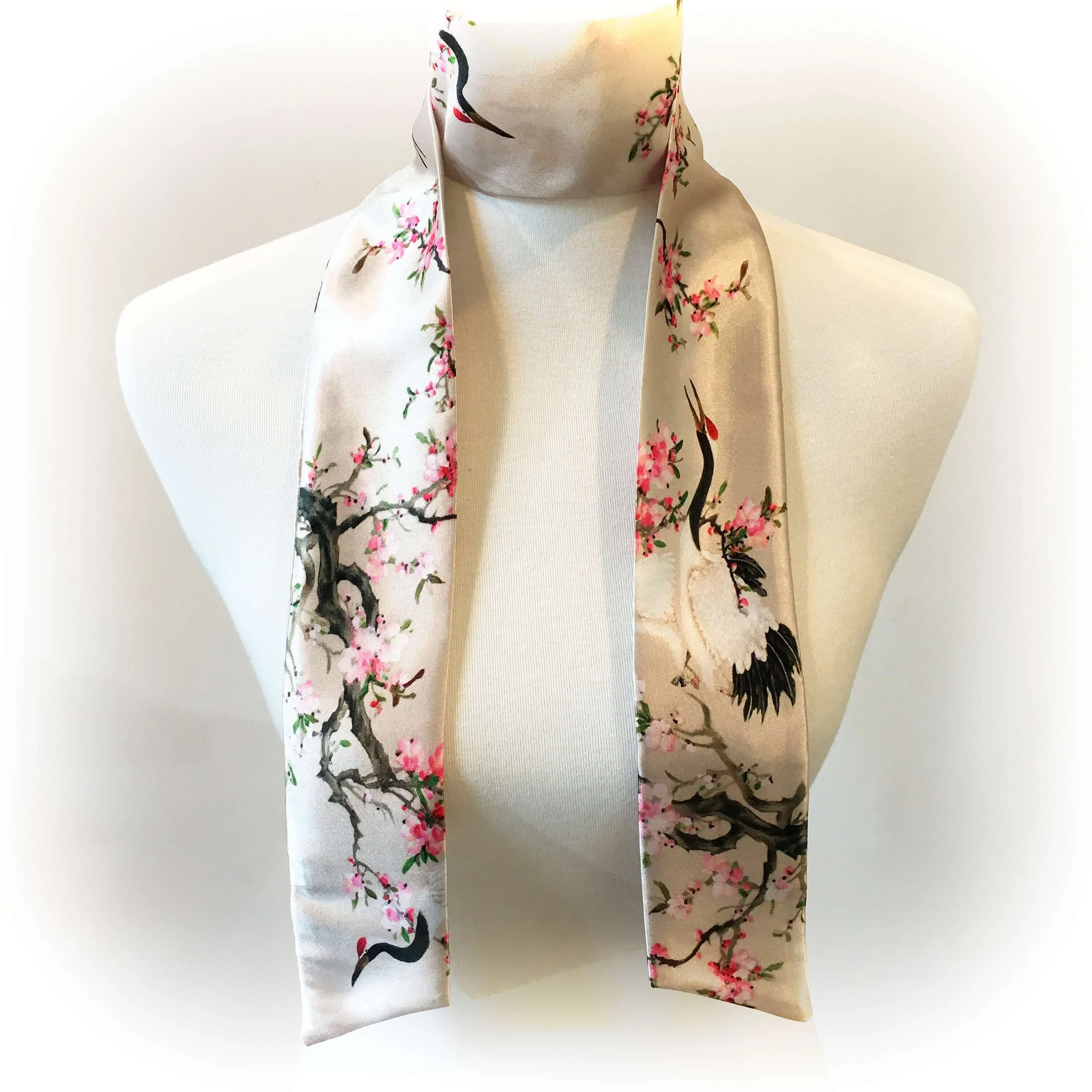 Cranes Skinny Scarf,Woman Scarf,All season scarf,Lightweight Scarf,ladies scarf,artist scarf,painted scarf,satin tie scarf