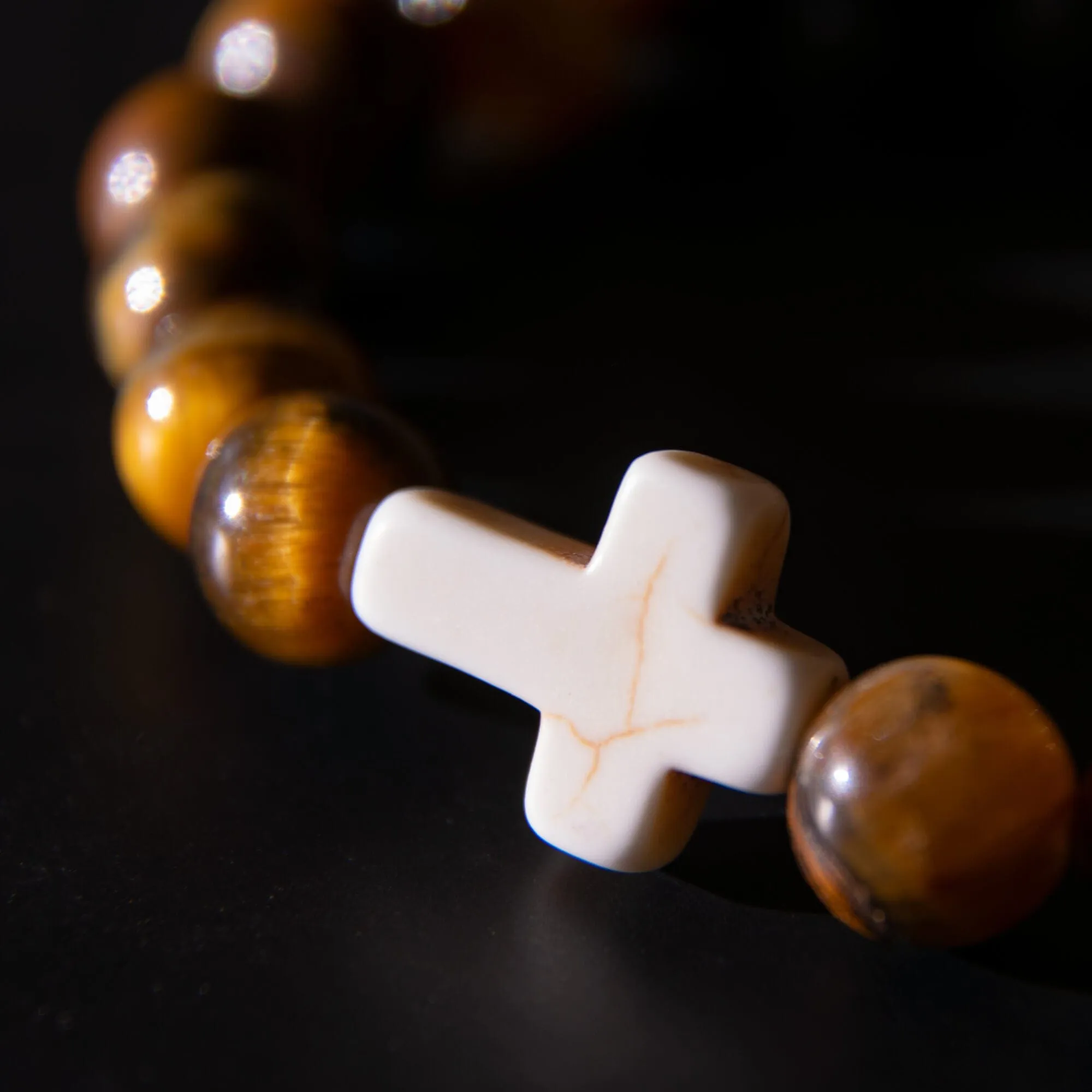 Cross Bead Bracelet <br> Tiger's Eye (White)