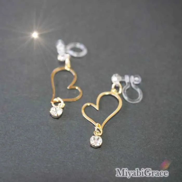 Dangle  Heart With Crystal Rhinestone Invisible Clip On Earrings