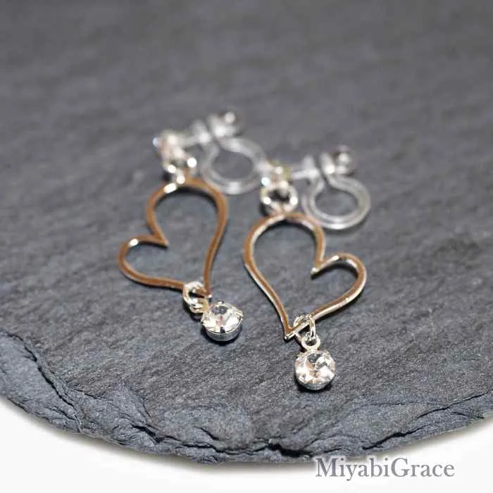 Dangle  Heart With Crystal Rhinestone Invisible Clip On Earrings