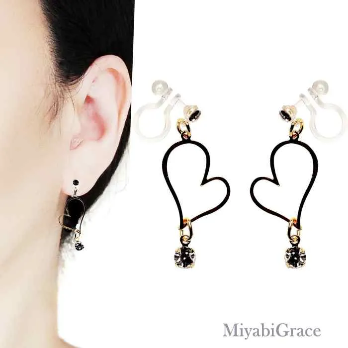 Dangle  Heart With Crystal Rhinestone Invisible Clip On Earrings