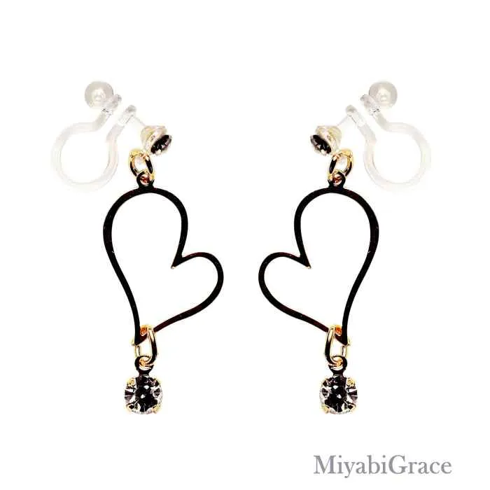 Dangle  Heart With Crystal Rhinestone Invisible Clip On Earrings