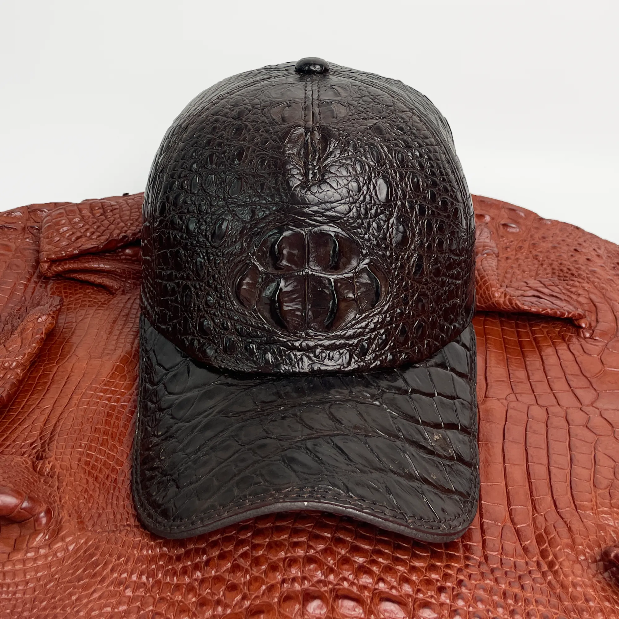 Dark Brown Alligator Leather Outdoor Cap - Adjustable Men Crocodile Skin Hat Baseball With Strapback | HAT-BRO-44