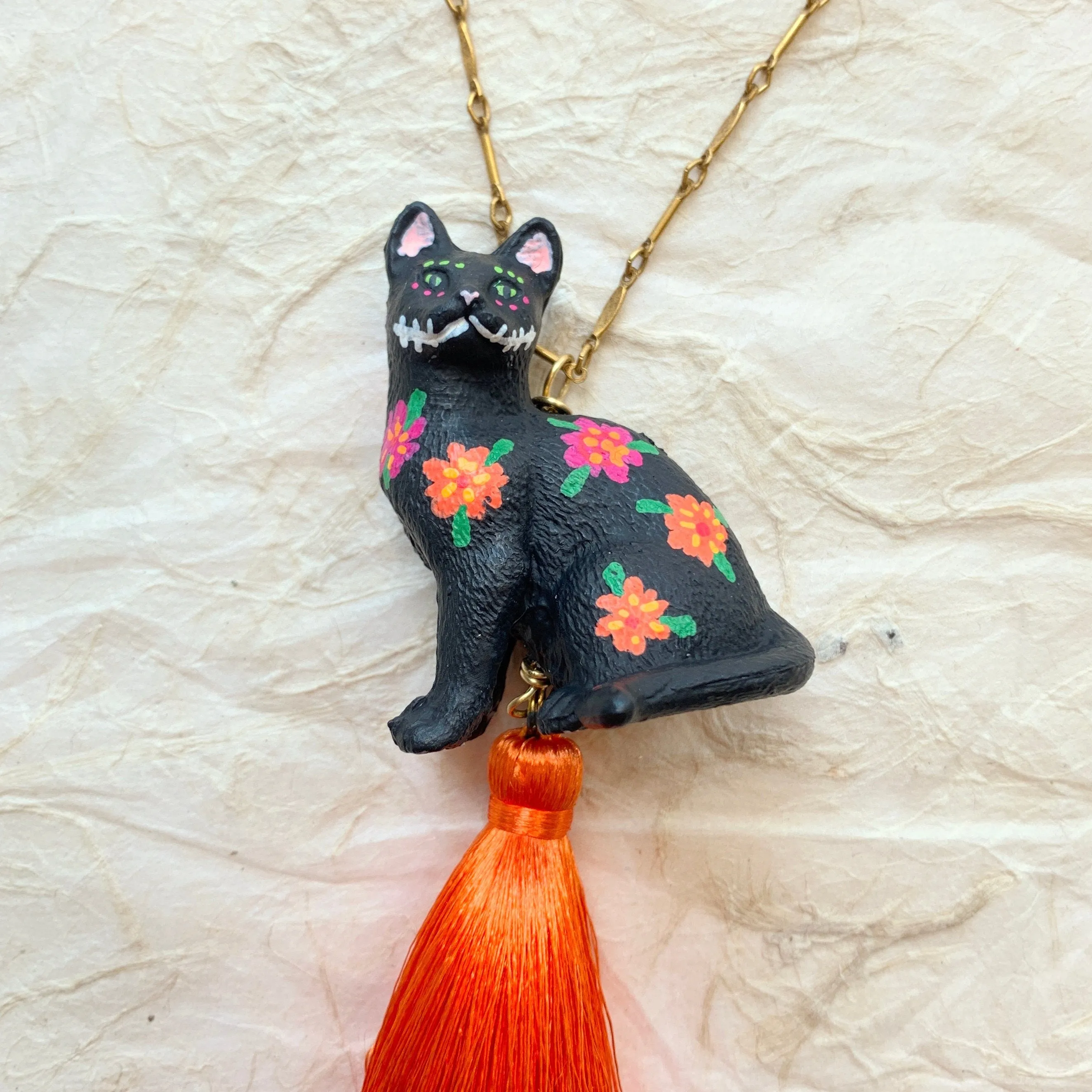 Day of the Dead Black Cat Pendant Necklace