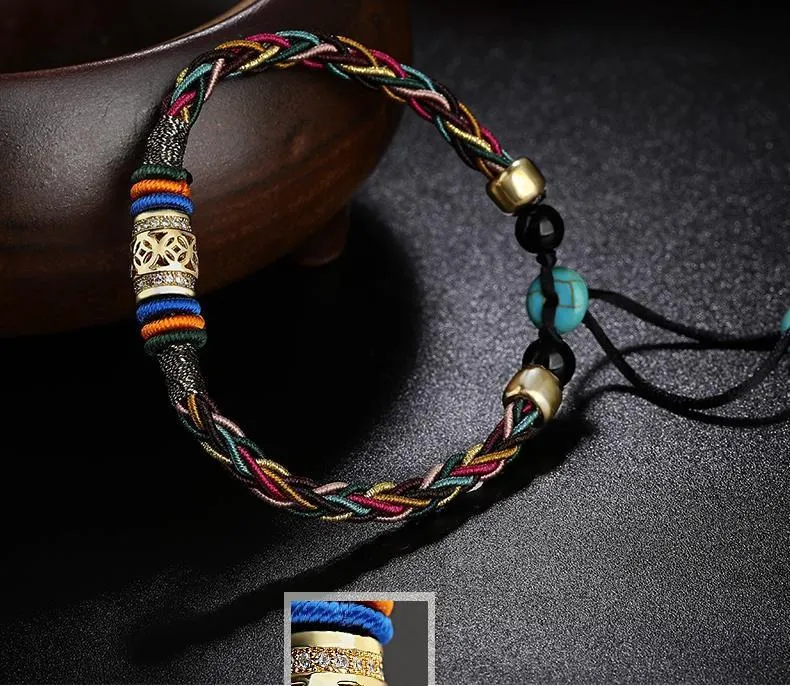 Diamond knot multicolored rope Tibetan ethnic bracelet hand-woven five-element transfer bead hand rope