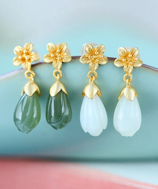 DIY Green Sterling Silver Jade Orchid Drop Earrings LY7826