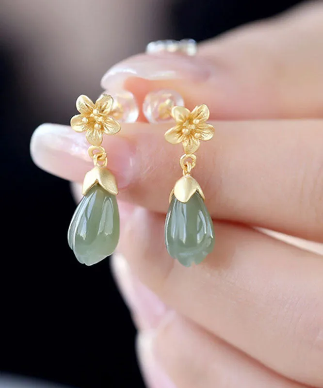 DIY Green Sterling Silver Jade Orchid Drop Earrings LY7826