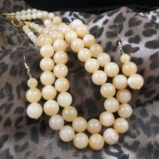 Double Strand Yellow Jade Necklace & Earrings