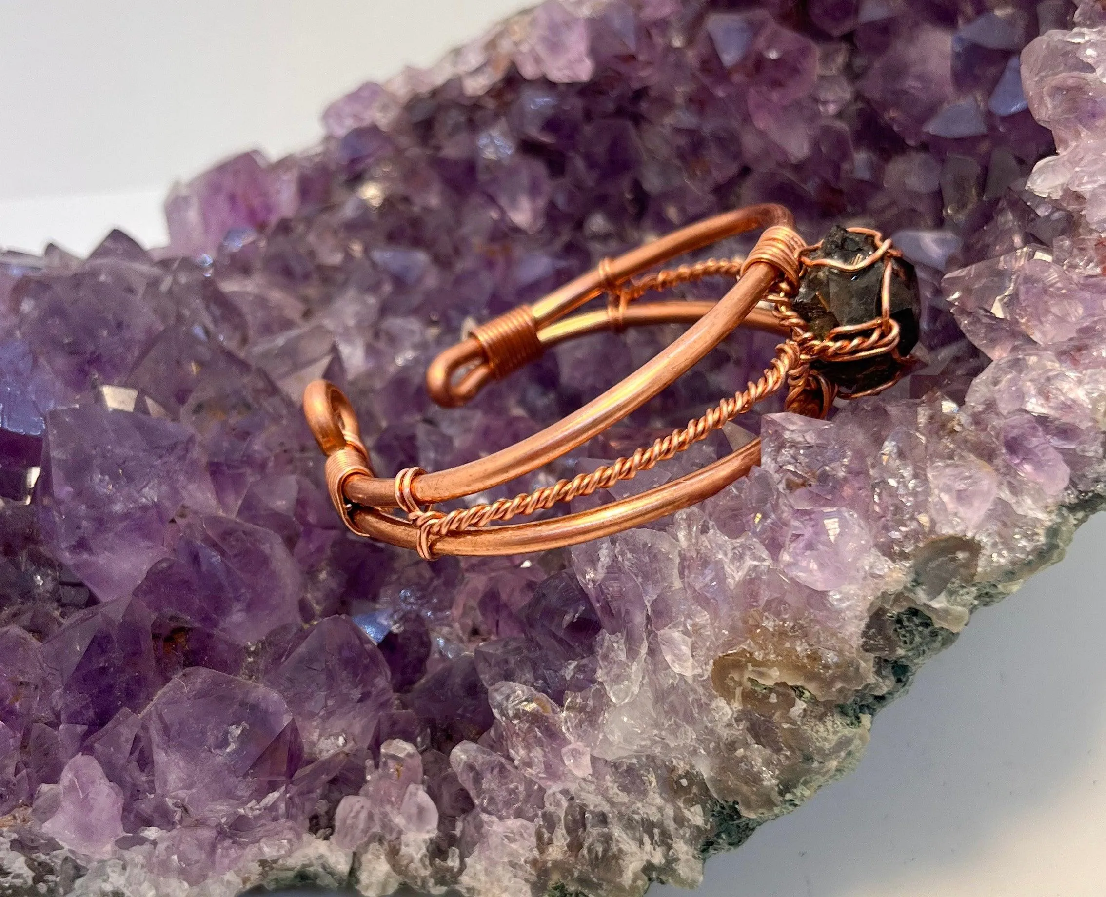 Double Terminated Smoky Elestial Quartz Crystal Wirewrapped Copper Bracelet