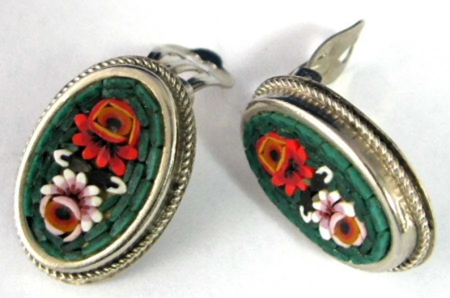 Earrings Italian Mini Mosaic 1960s Clips Roses Oval Italy Green Background Micro