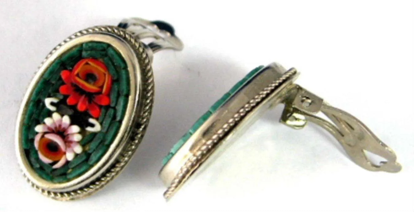 Earrings Italian Mini Mosaic 1960s Clips Roses Oval Italy Green Background Micro