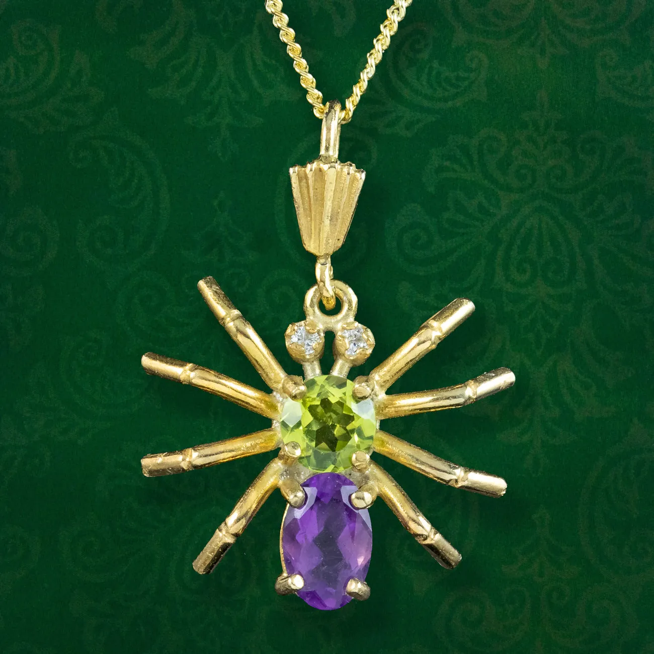 Edwardian Style Suffragette Spider Pendant Necklace Amethyst Peridot Diamond