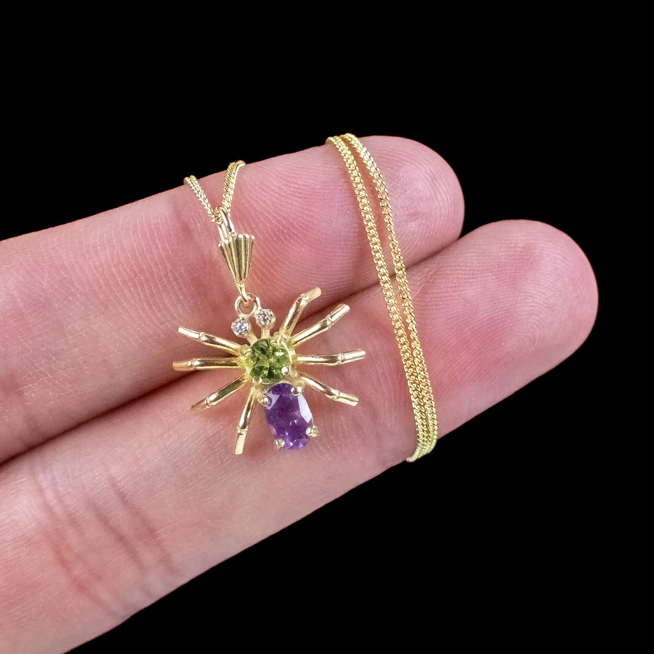 Edwardian Style Suffragette Spider Pendant Necklace Amethyst Peridot Diamond