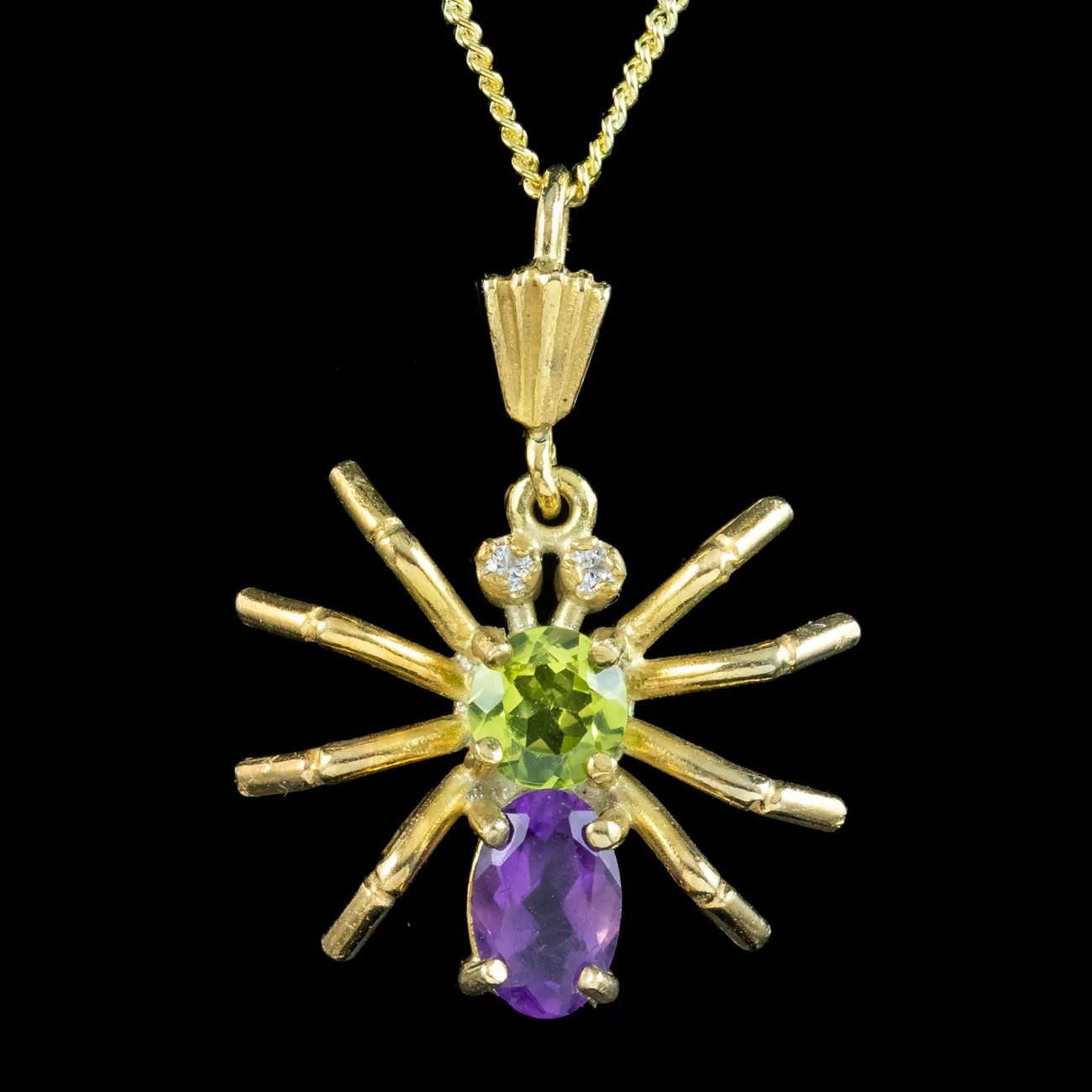 Edwardian Style Suffragette Spider Pendant Necklace Amethyst Peridot Diamond