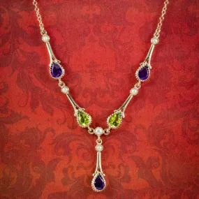 Edwardian Suffragette Style Lavaliere Necklace Amethyst Peridot Pearl 9ct Gold