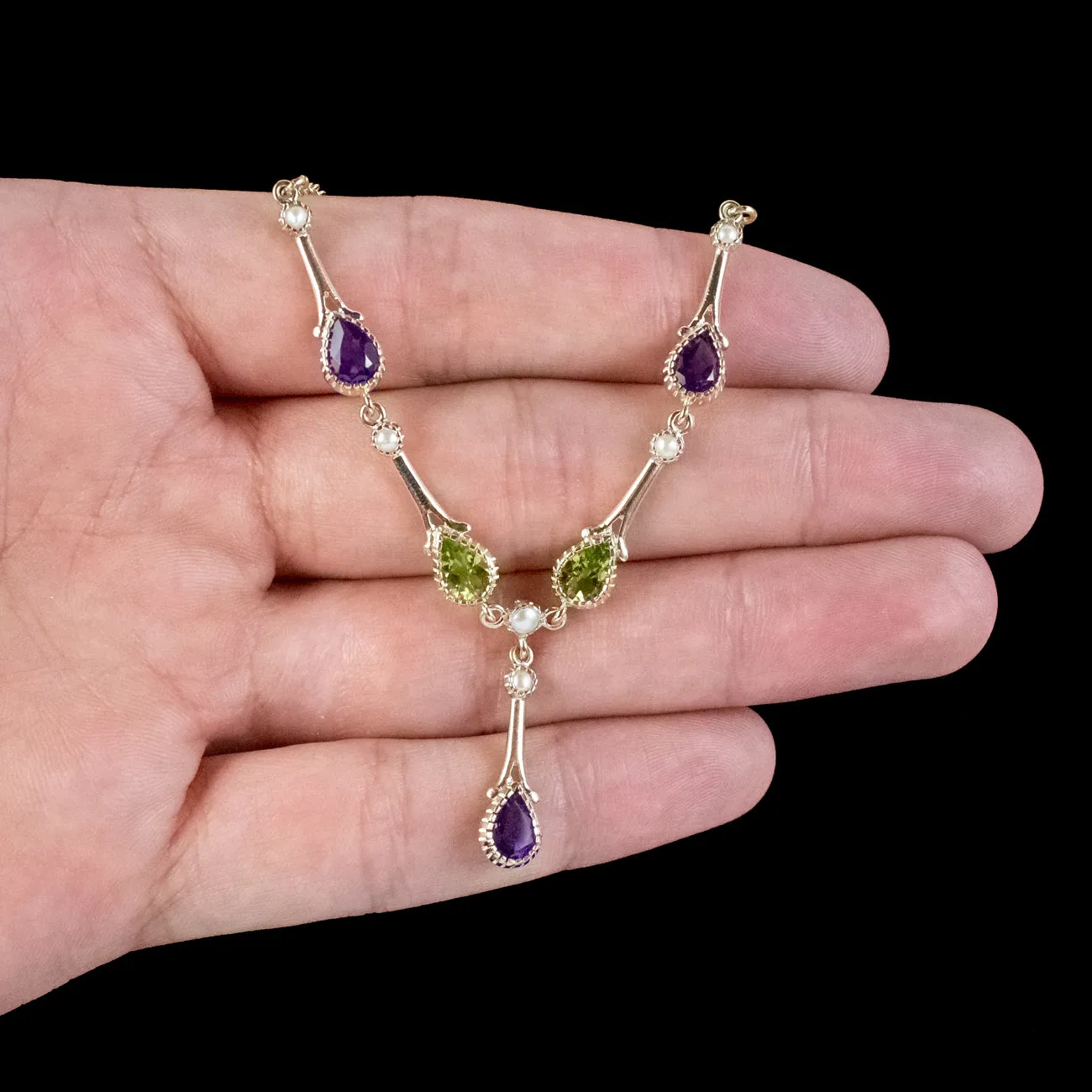 Edwardian Suffragette Style Lavaliere Necklace Amethyst Peridot Pearl 9ct Gold