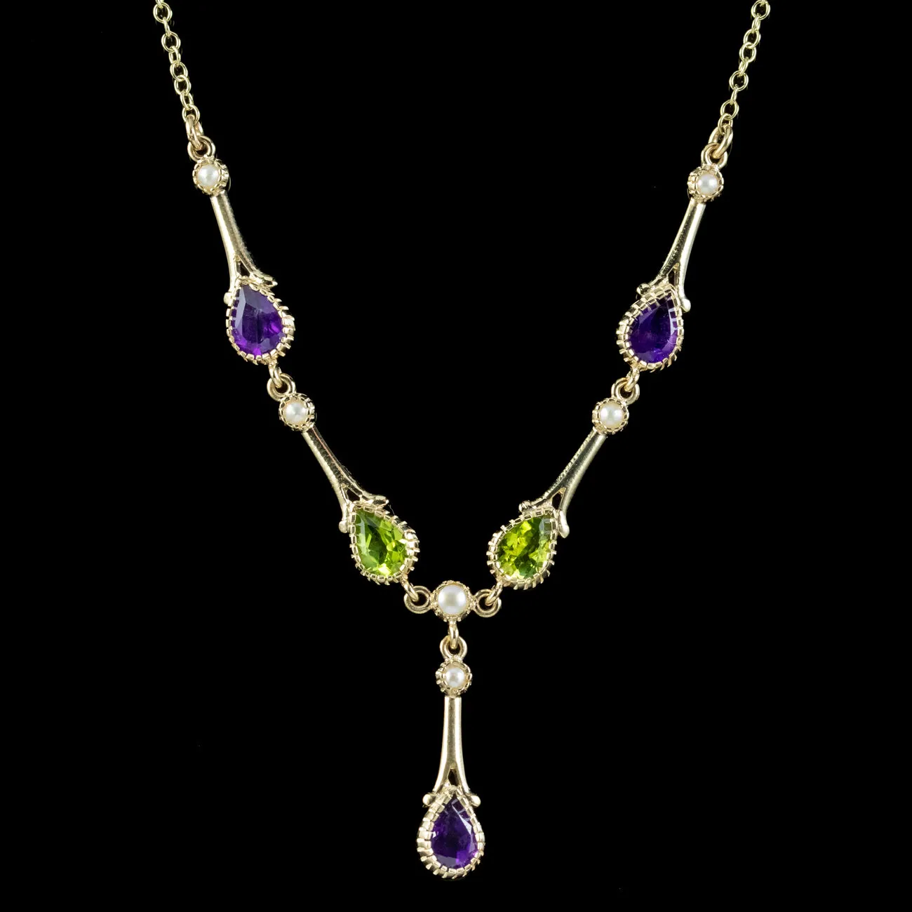 Edwardian Suffragette Style Lavaliere Necklace Amethyst Peridot Pearl 9ct Gold