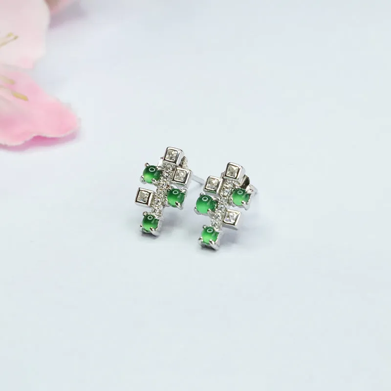 Elegant Ice Emperor Green Jade Sterling Silver Stud Earrings