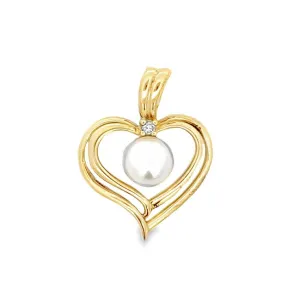 Estate Heart Pendant with Pearl and Diamond in 14K Yellow Gold