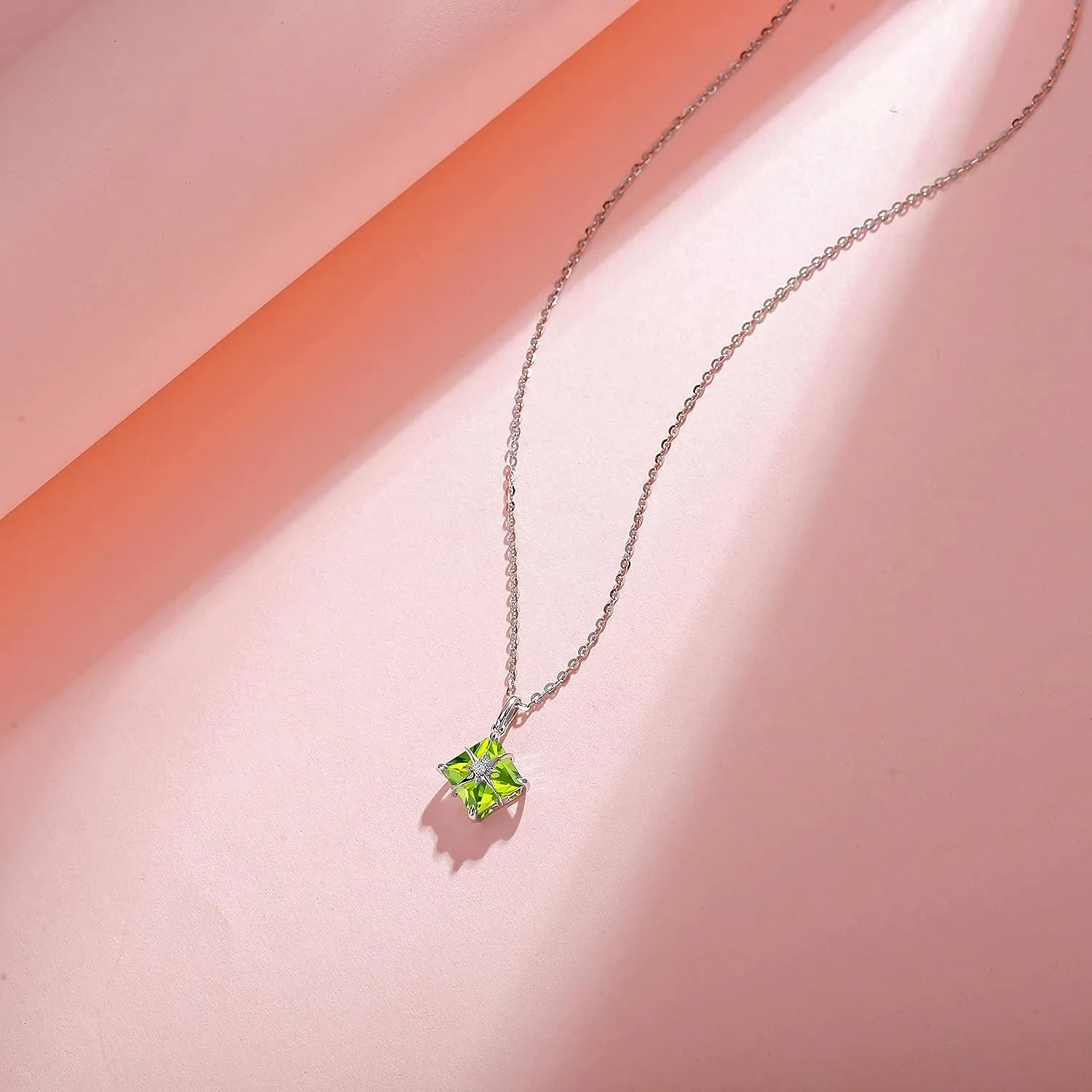 FANCIME "Princess Dream" Peridot August Square Gemstone Sterling Silver Necklace