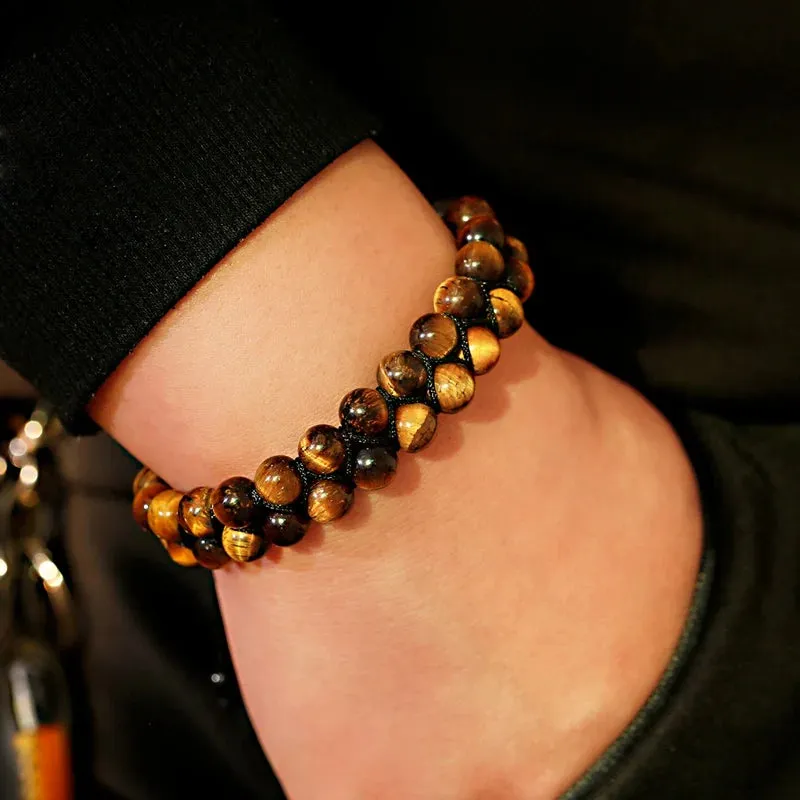 Fashion Men Tiger Eye Natutal Stone Beaded Braided Bracelet Bangles Handmade Double Layer Lapis Lazuli Bracelets Hommes