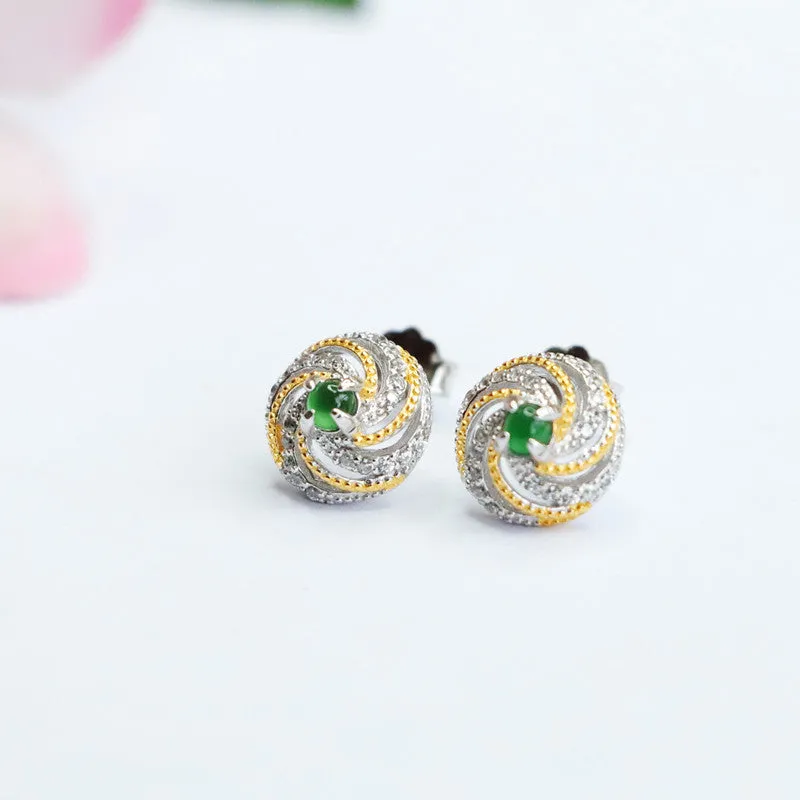 French Luxury Spiral Pattern Silver Earrings with Ice Green Jade