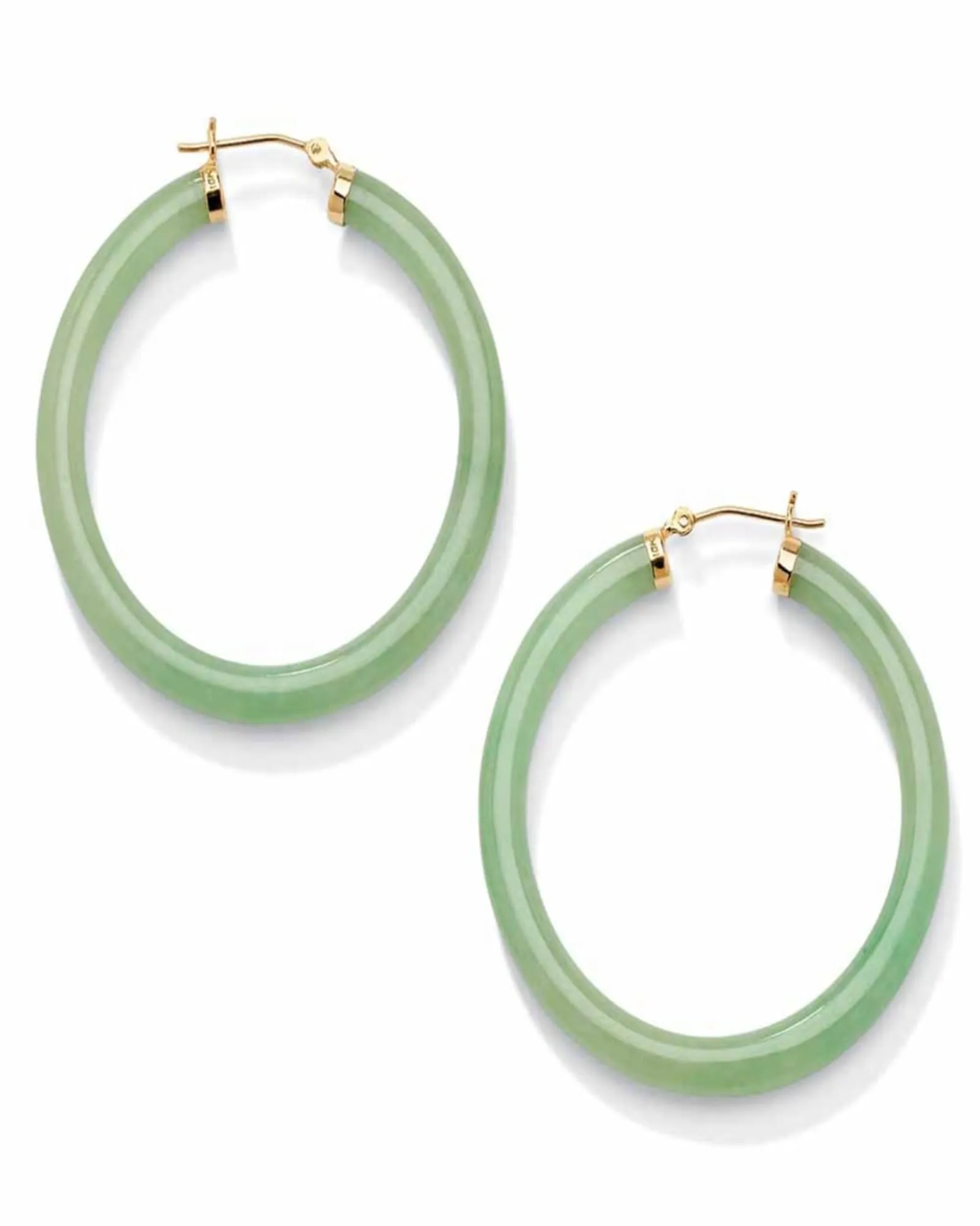 Genuine Green Jade 10k Yellow Gold Hoop Earrings | Green