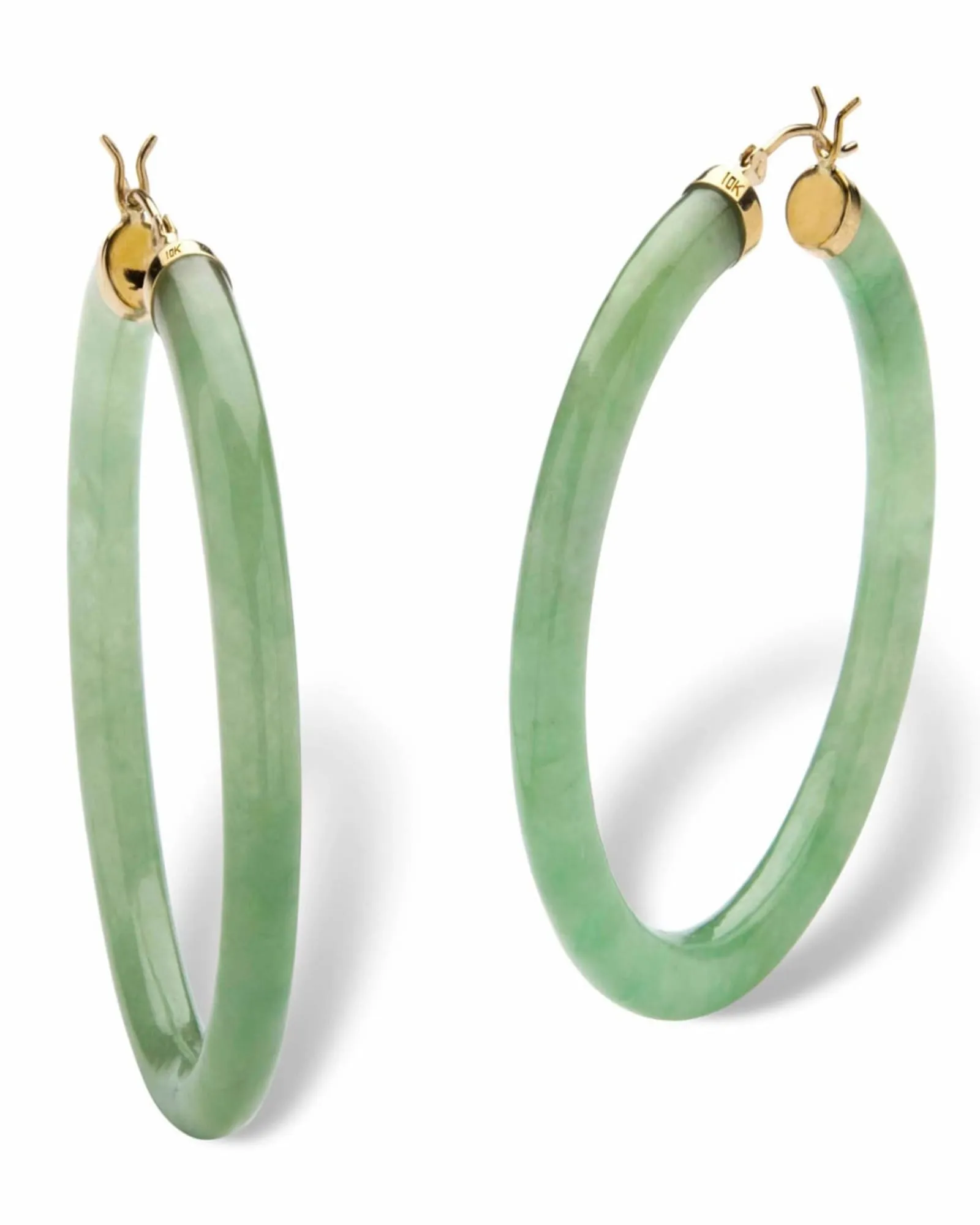 Genuine Green Jade 10k Yellow Gold Hoop Earrings | Green