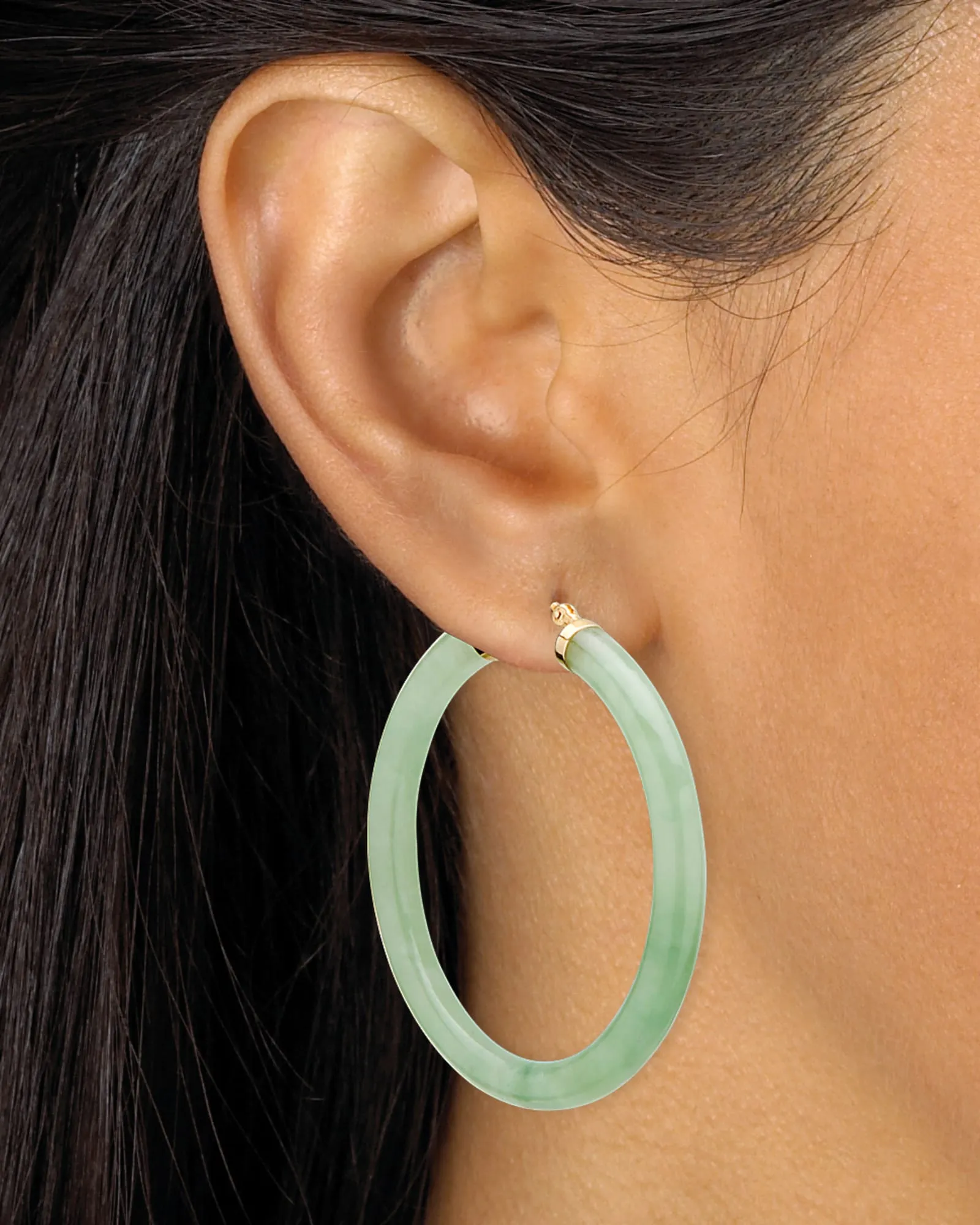 Genuine Green Jade 10k Yellow Gold Hoop Earrings | Green