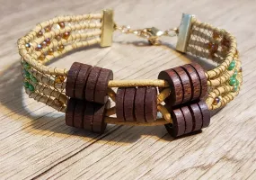 Genuine Leather Bracelet with Wood Beads, Wire & Glass. Adjustable Non Tarnish Gold Tone Chain, with Lobster Claw Clasp.