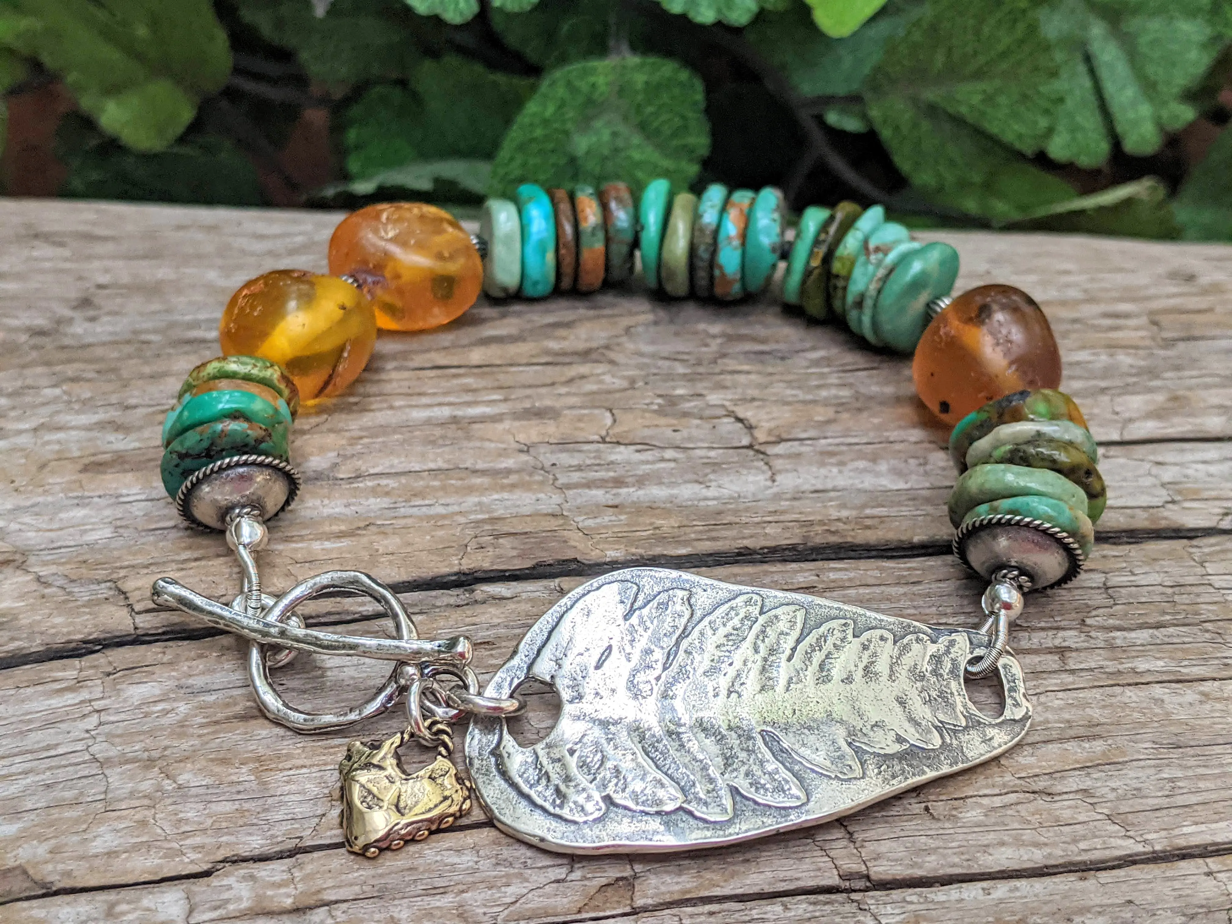 Genuine Turquoise and Baltic Amber Artisan Bracelet