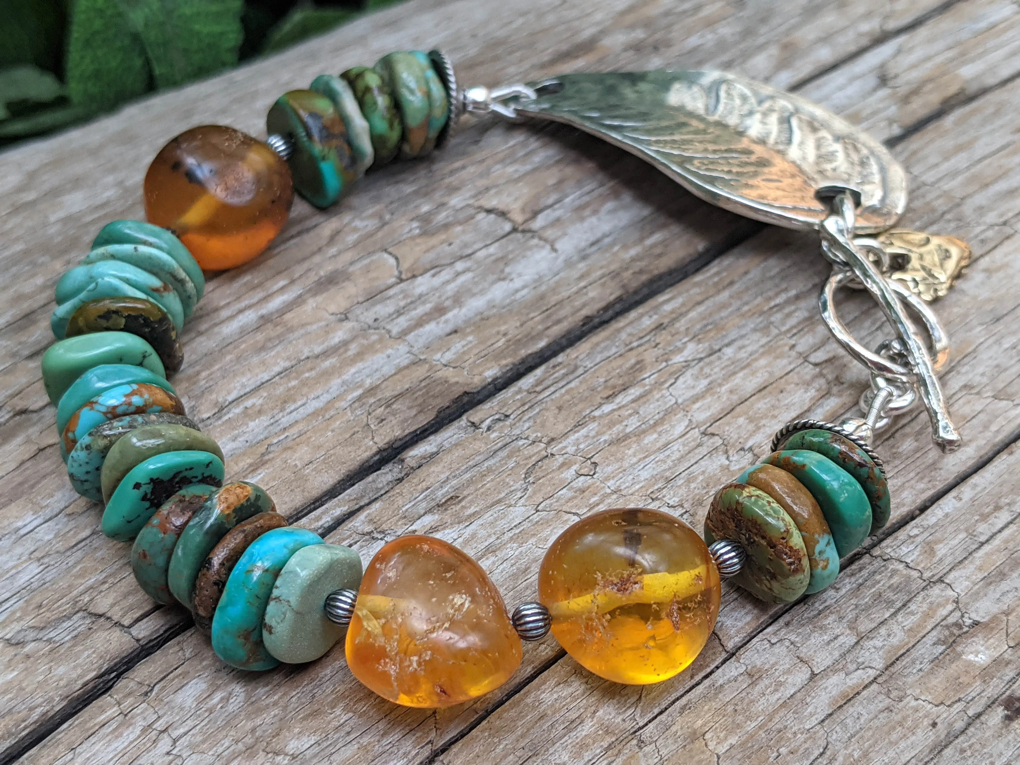 Genuine Turquoise and Baltic Amber Artisan Bracelet