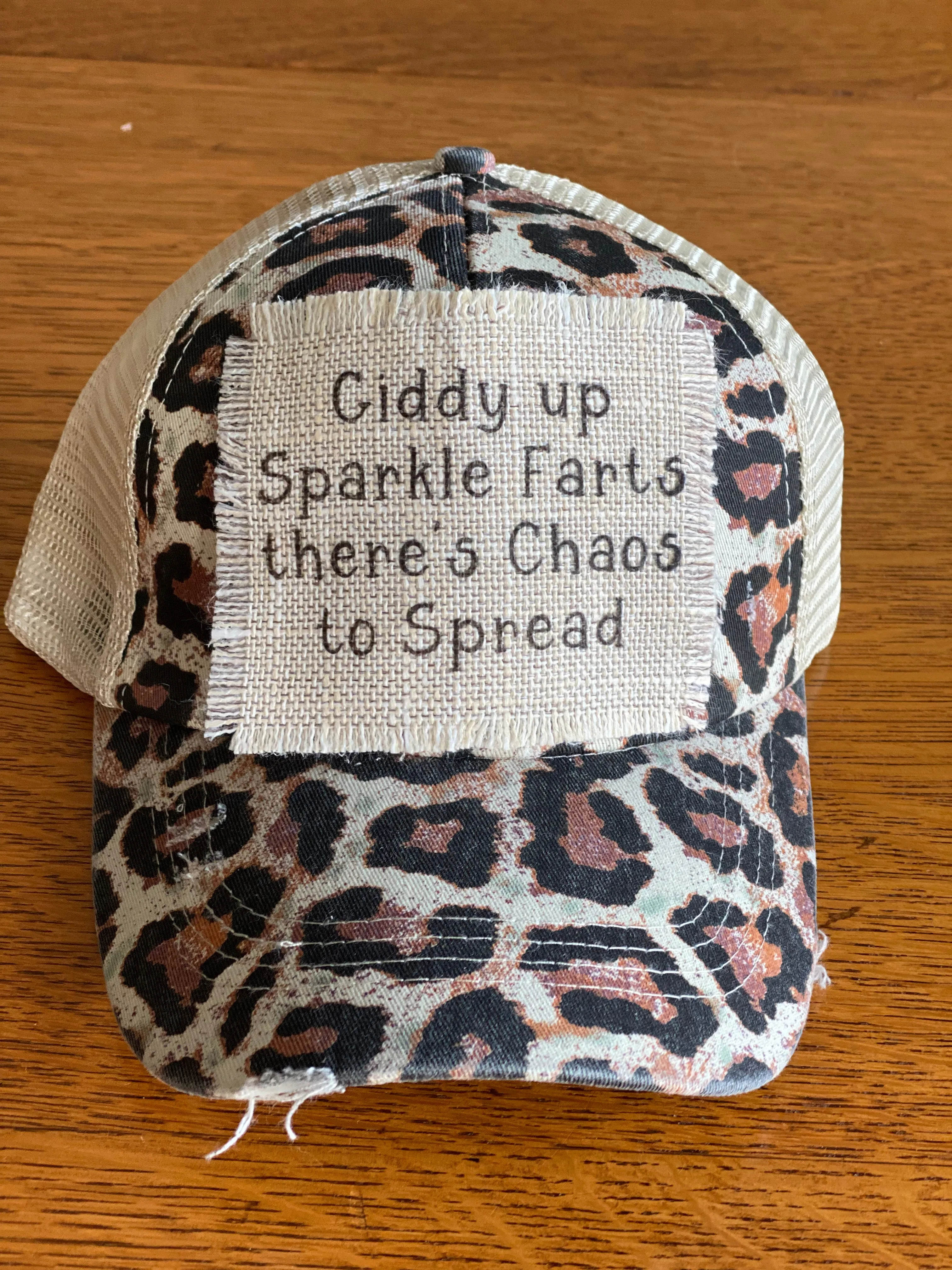 Giddy Up Sparkle Farts There's Chaos To Spread Mesh Trucker Ponytail Baseball Hat Cap with Raggedy Patch