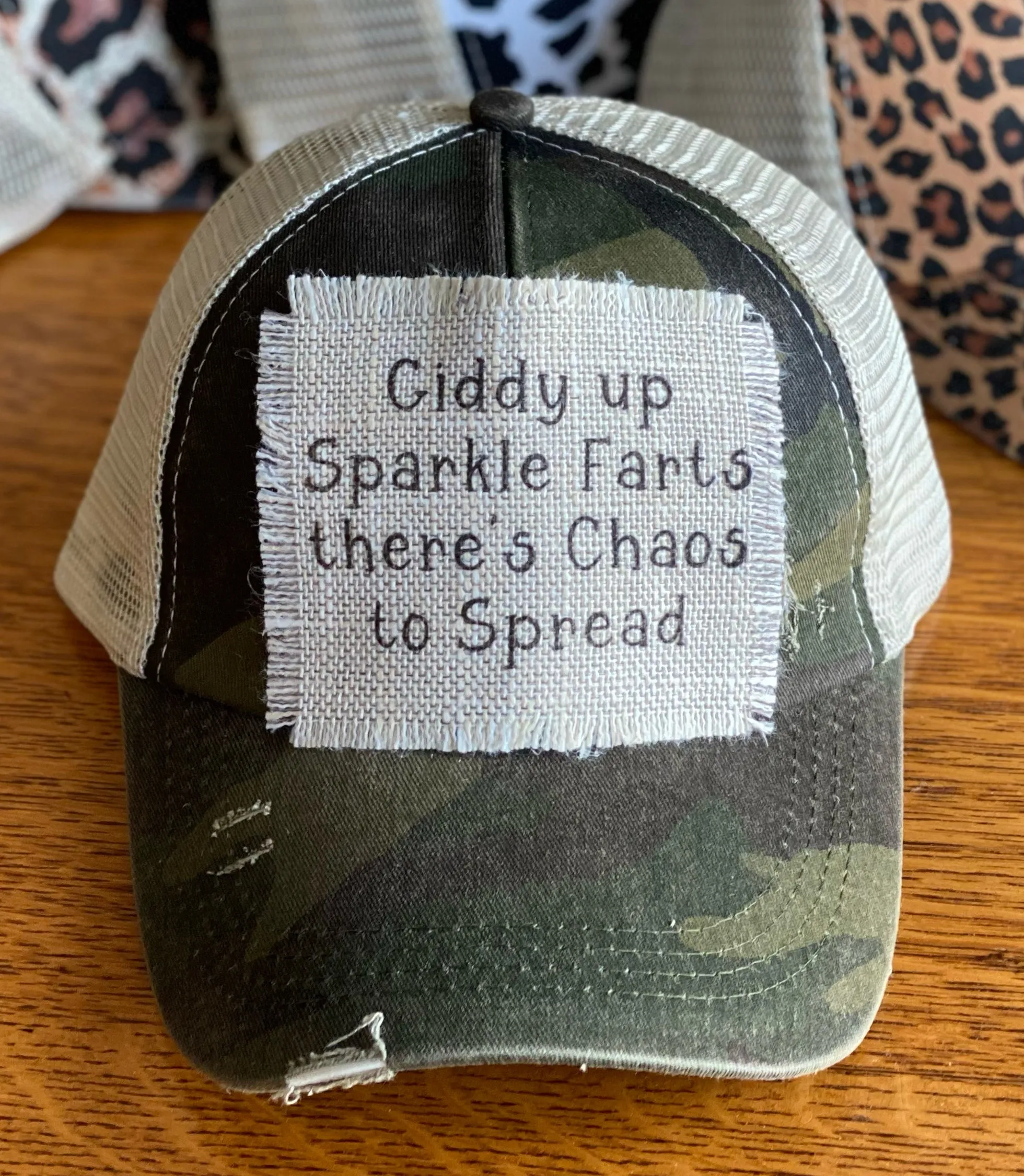 Giddy Up Sparkle Farts There's Chaos To Spread Mesh Trucker Ponytail Baseball Hat Cap with Raggedy Patch