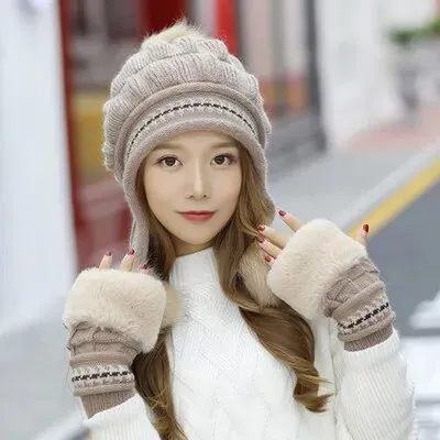 Girl Warm Ski Brand rabbit Fur Pom Poms Warm Gloves   knit hat set Winter Women Wool Beanie Hat thick Skullies Female Cap