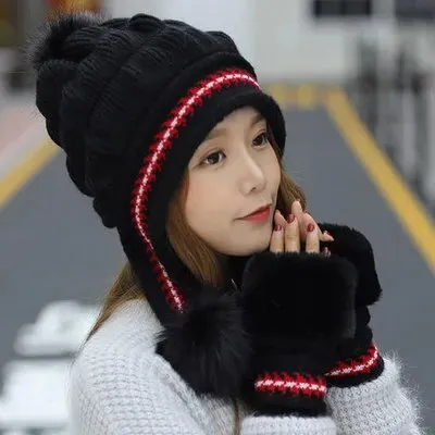 Girl Warm Ski Brand rabbit Fur Pom Poms Warm Gloves   knit hat set Winter Women Wool Beanie Hat thick Skullies Female Cap