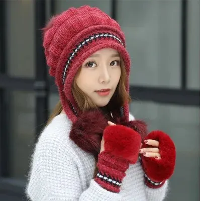 Girl Warm Ski Brand rabbit Fur Pom Poms Warm Gloves   knit hat set Winter Women Wool Beanie Hat thick Skullies Female Cap