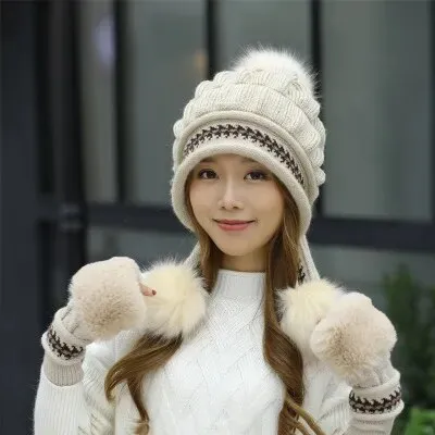 Girl Warm Ski Brand rabbit Fur Pom Poms Warm Gloves   knit hat set Winter Women Wool Beanie Hat thick Skullies Female Cap